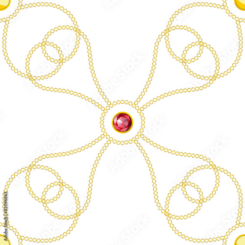 Seamless pattern with swirls of golden chains & red crystals
