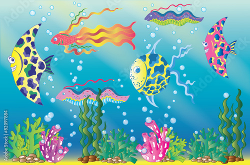 Fototapeta Naklejka Na Ścianę i Meble -  Underwater scene with colorful bubbles and seaweed