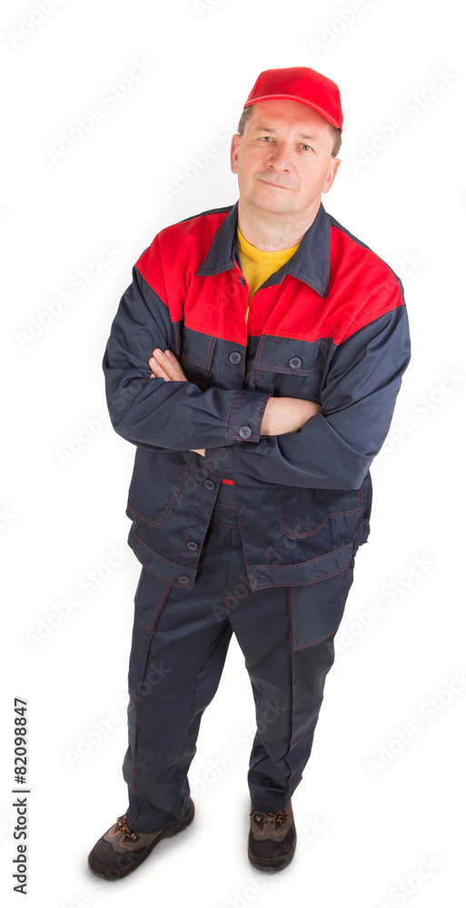 Worker in red-blue workwear.
