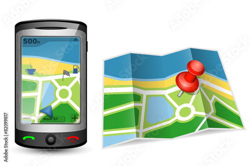 Paper map and GPS device. Vector illustration