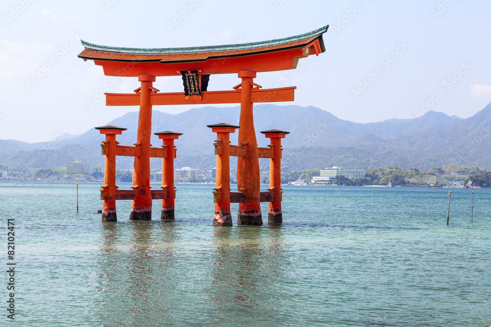 Sacred torii gate on island of Miyajima, high tide, Japan