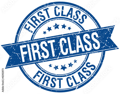 first class grunge retro blue isolated ribbon stamp