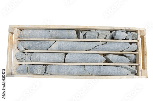 Detail of drill core in the boxes ready for logging