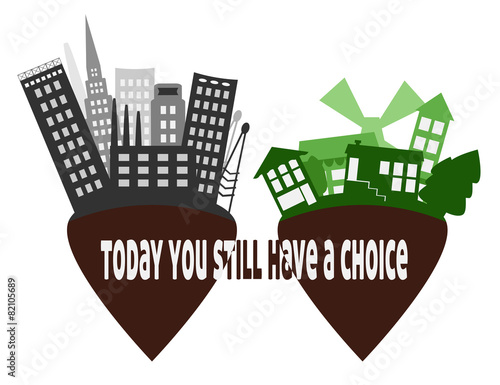 Illustration of flat urban city and green village landscapes