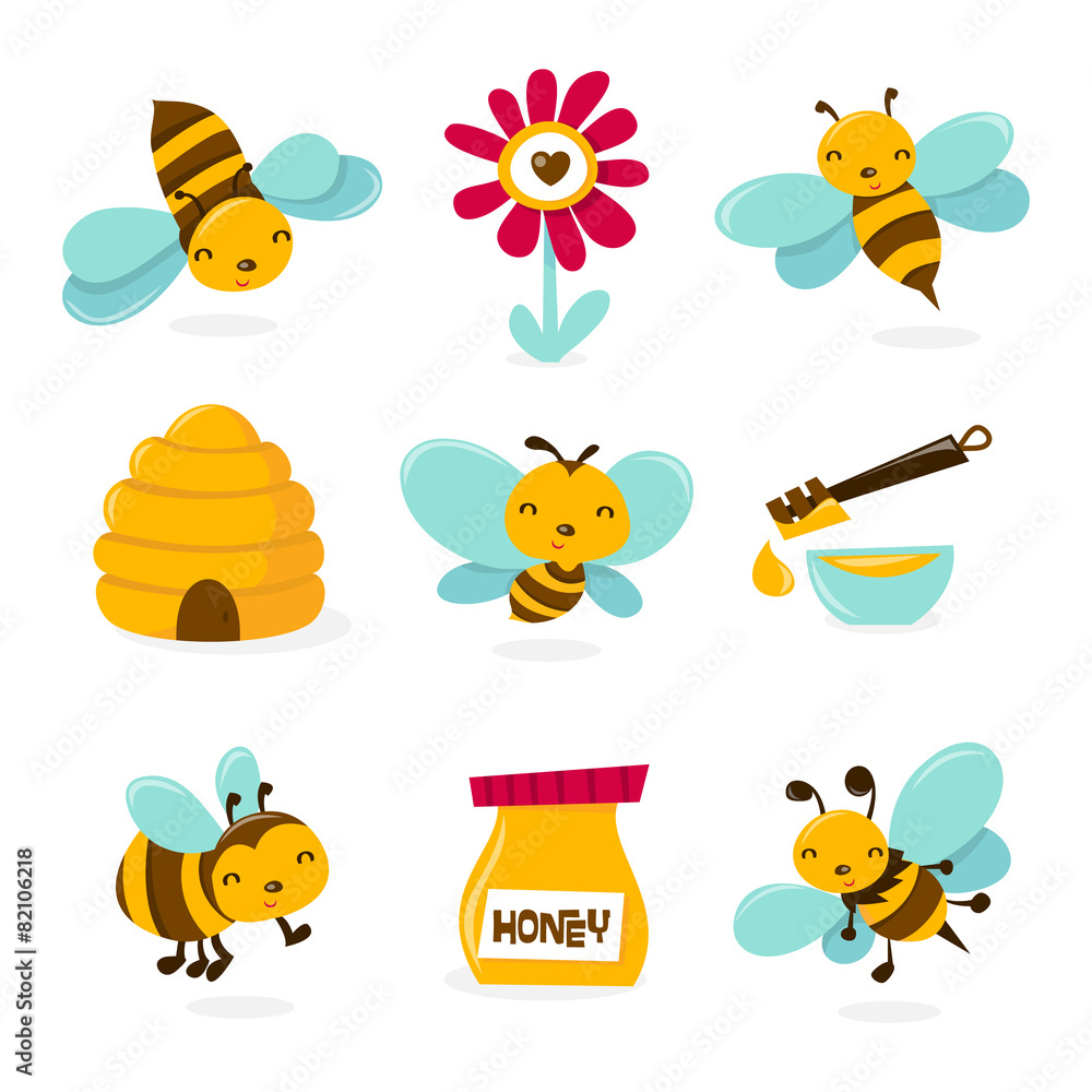 Cute Honey Bee Icons - obrazy, fototapety, plakaty 