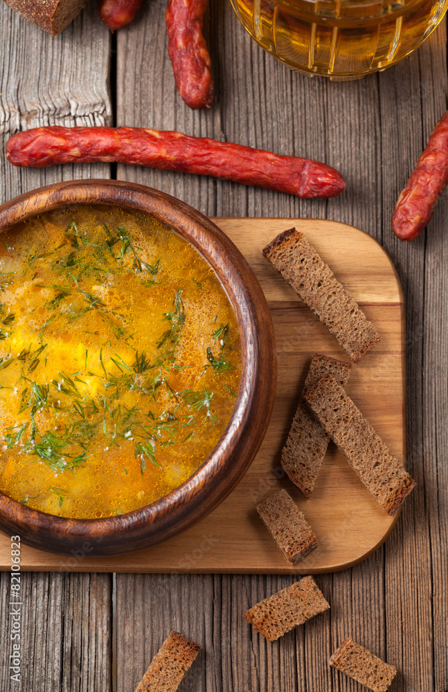 Traditional bavarian beer soup with sausage croutons parsley and Traditional bavarian beer soup with sausage croutons parsley and