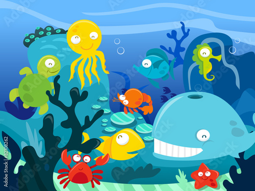 Fototapeta Naklejka Na Ścianę i Meble -  Happy Silly Cute Underwater Sea Animals Scene