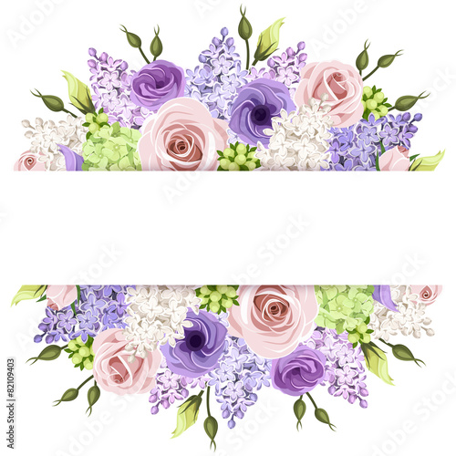Background with pink, purple and white roses and lilac flowers.