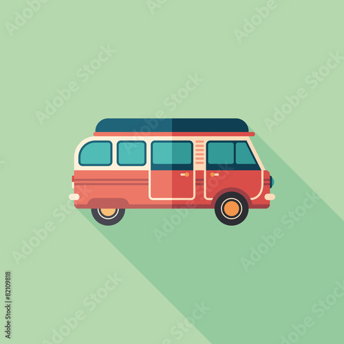 Travel van flat square icon with long shadows.