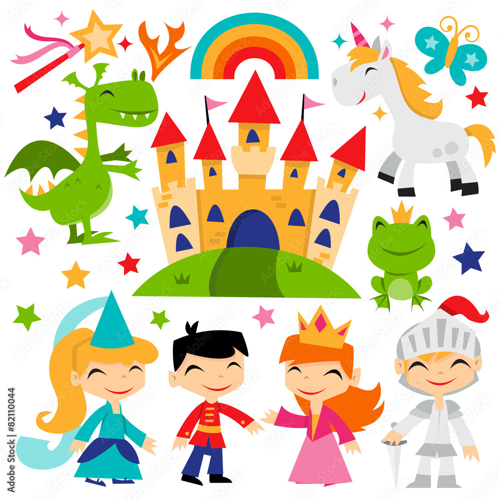 Retro Magical Fairytale Kingdom Set - obrazy, fototapety, plakaty 