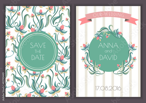 Vector retro card template with seamless floral pattern backgrou