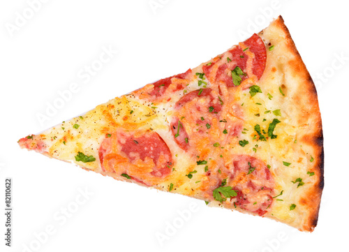 Slice of tasty pizza isolated on white