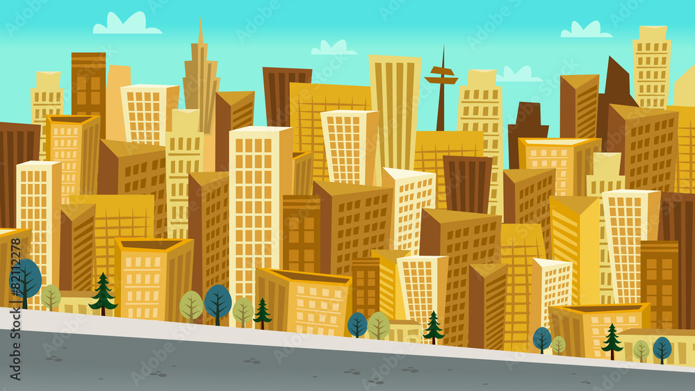 Cartoon Style Day Cityscape with Kooky skyscrapers Cartoon Style Day Cityscape with Kooky skyscrapers