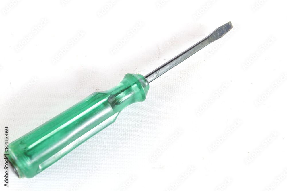 old green screwdriver have dust and rust on white background old green screwdriver have dust and rust on white background