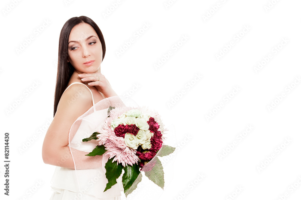 Bride is posing with bouquet over white isolated background Bride is posing with bouquet over white isolated background
