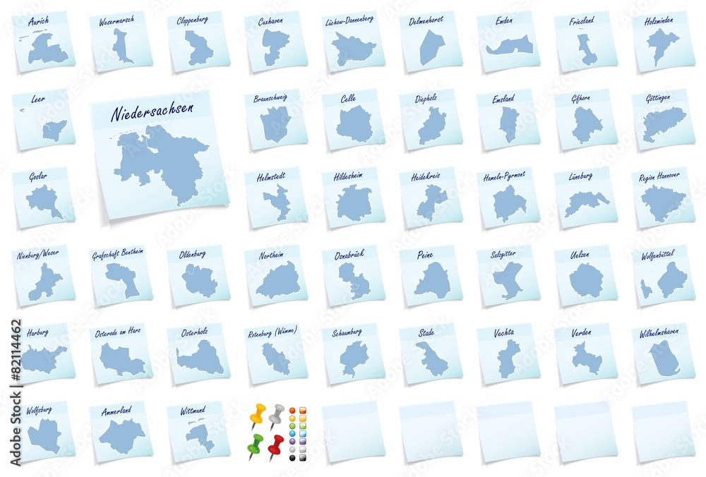 Collage von  Niedersachsen mit Landkreisen als Notizzettel in Bl