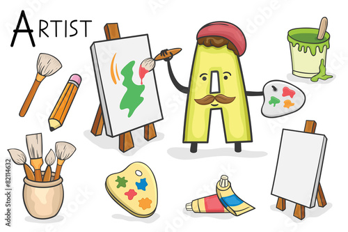 Illustration of alphabet occupation - Letter A for Artist