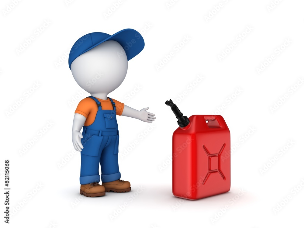 Colorful gasoline jerrycan and 3d small person. Colorful gasoline jerrycan and 3d small person.
