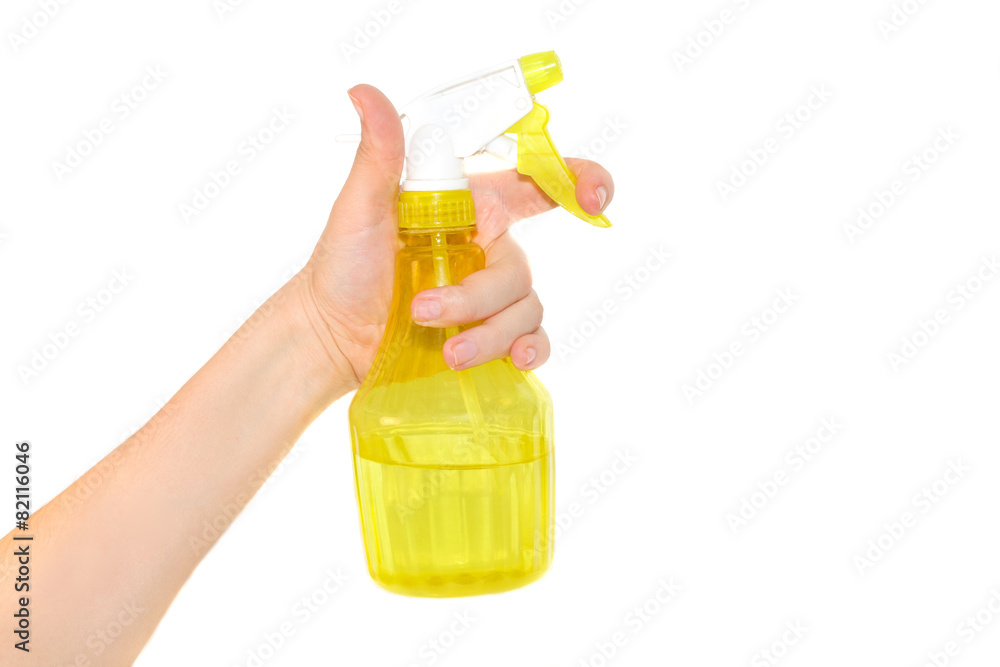 Female hand with sprayer isolated on white Female hand with sprayer isolated on white