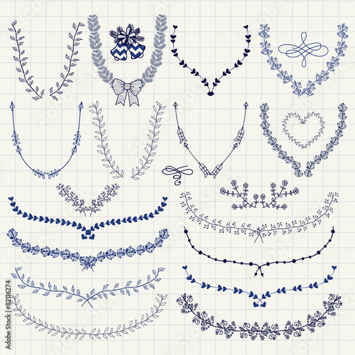Vector Pen Drawing Floral Wreaths, Laurels