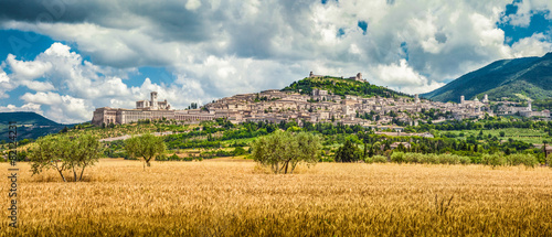 Obraz na płótnie Town of Assisi with golden harvest fields, Umbria, Italy w salonie