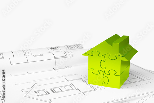 3D abstract green puzzle house class performance rating bar on blueprint