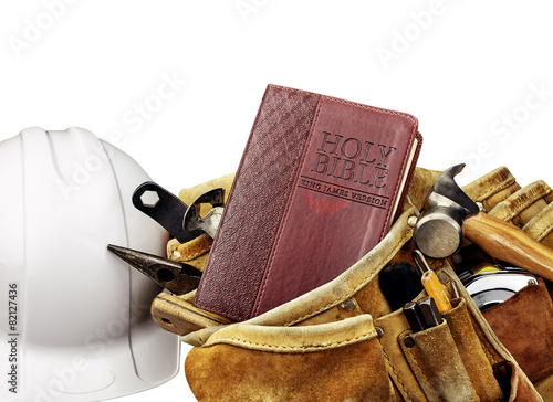 Bible and Carpenters Tool Belt with White Helmet