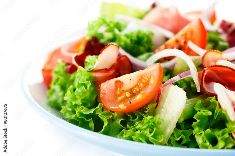 Smoked ham and vegetables on white background Smoked ham and vegetables on white background