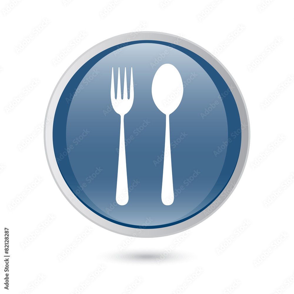blue glossy web icon. Fork and spoon icon - restaurant sign, blue glossy web icon. Fork and spoon icon - restaurant sign,