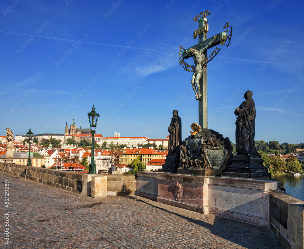 Fototapeta premium Holy cross at Calvary, view of the Cathedral of St. Vitus. Charl