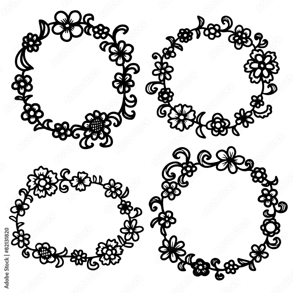 Hand drawn floral round frame.