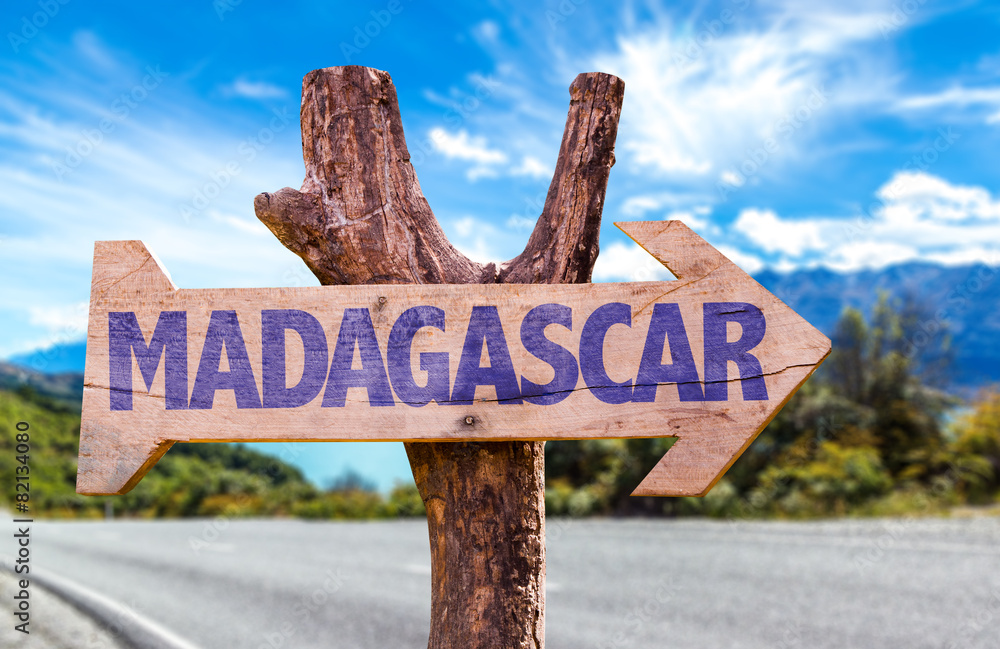 Madagascar wooden sign with road background