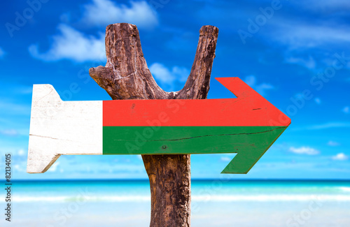 Madagascar Flag wooden sign with beach background