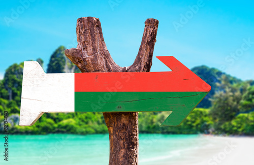 Madagascar Flag wooden sign with beach background