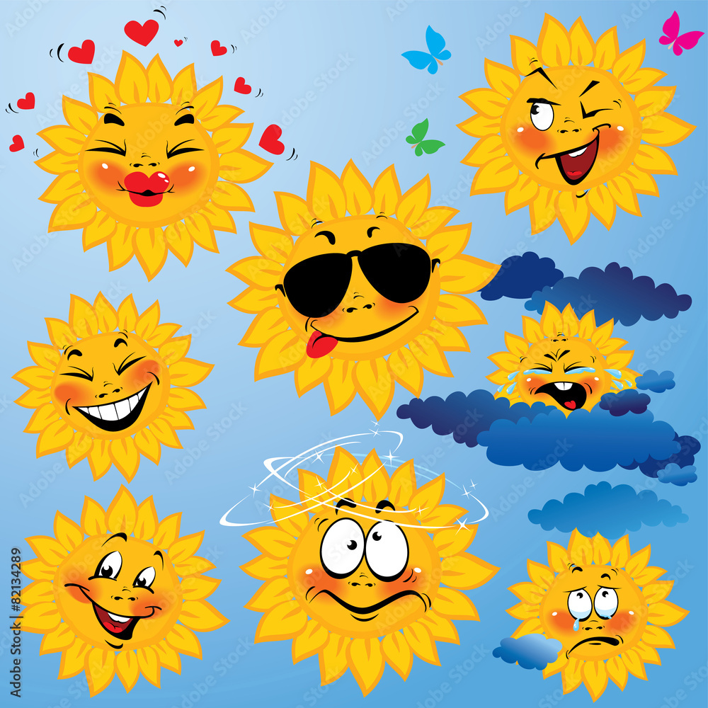 Set of cute cartoons of sun with different expressions and emoti