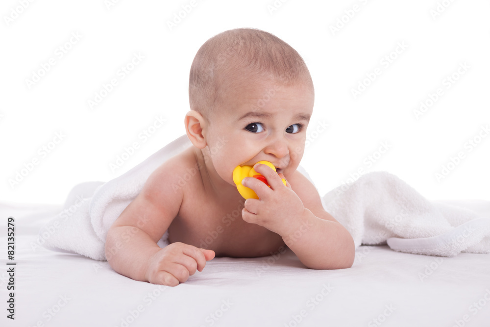Joyfull baby child after bath time isoalted on white Joyfull baby child after bath time isoalted on white