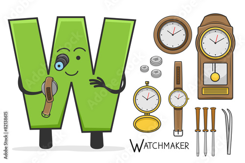 Illustration of alphabet occupation - Letter W for Watchmaker