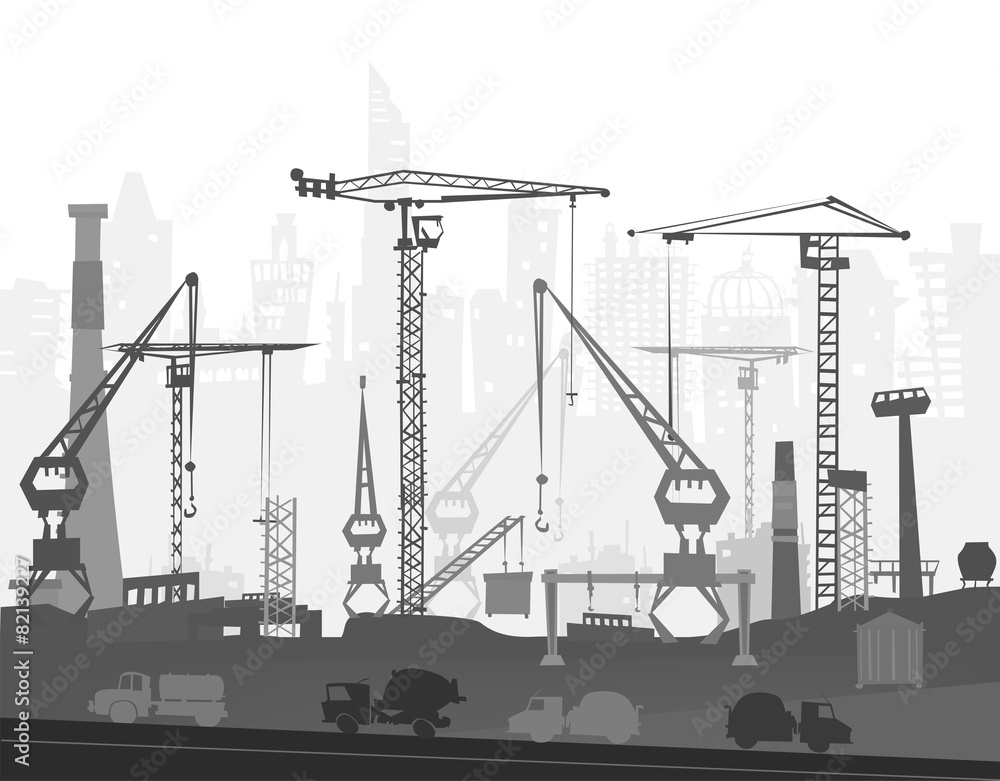 Building site in the city, View with cranes and lorries