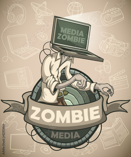 Media zombie with a laptop instead of a head. Label