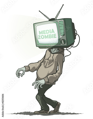Media zombie with a tv instead of a head. Isolated