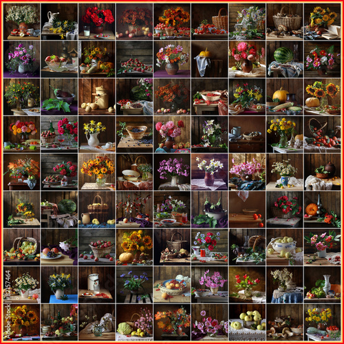 Fototapeta Naklejka Na Ścianę i Meble -  Натюрморт, коллаж, цветы, букет. Фон.