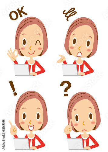 表情　ノートパソコンを使うショートカットのお姉さん