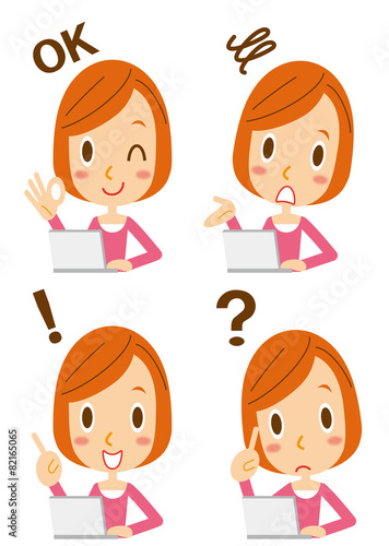表情　ノートパソコンを使うショートヘアのお姉さん