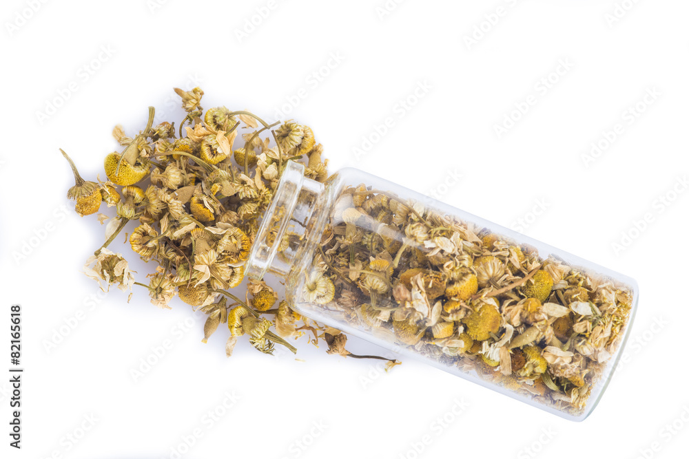 Flores de manzanilla seca para infusiones aislado fondo blanco Flores de manzanilla seca para infusiones aislado fondo blanco