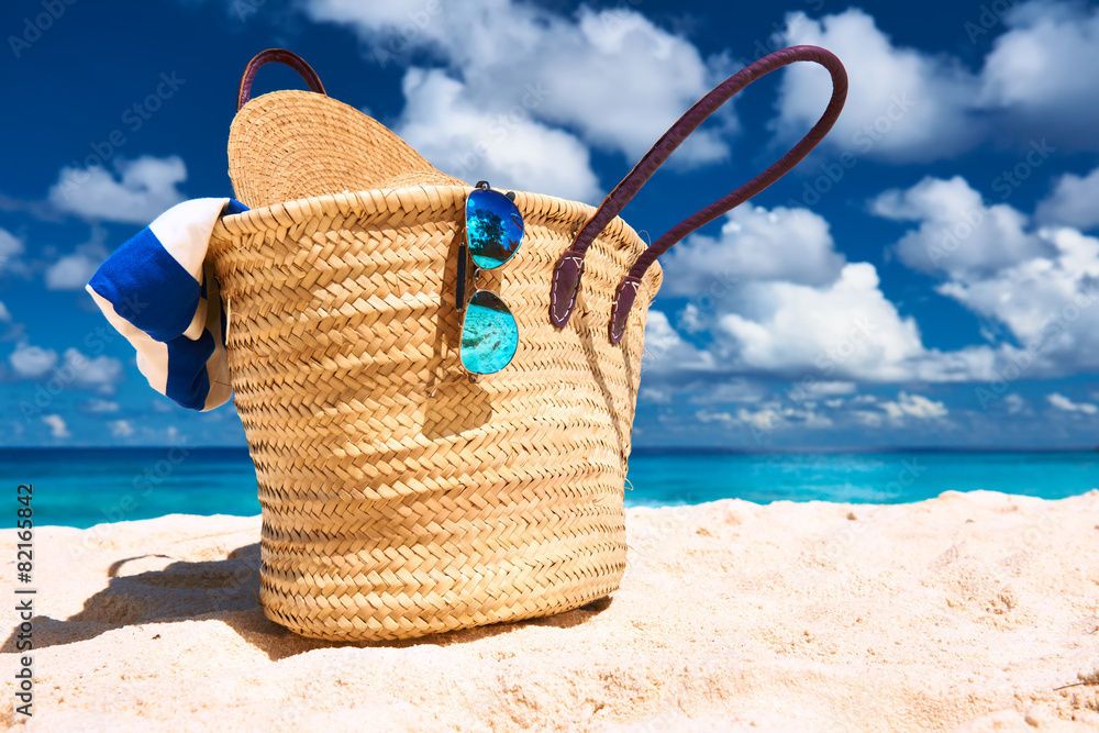 Beautiful beach with bag at Seychelles