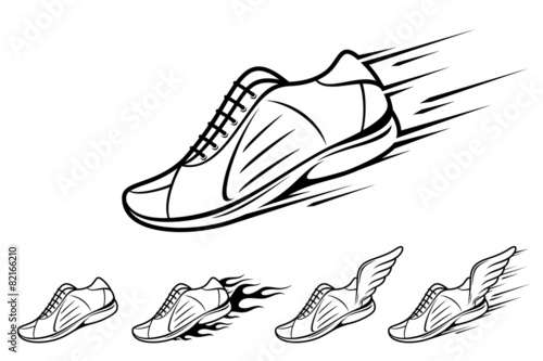 Running shoe icons, sports shoe with motion and fire trails