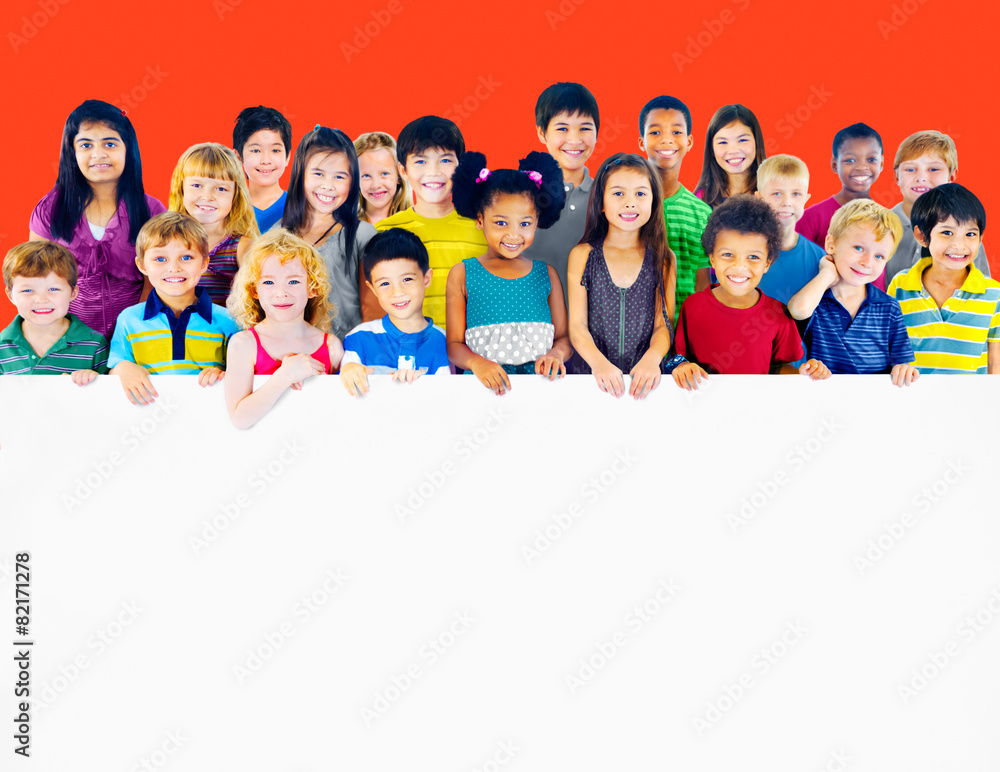 Multi-Ethnic Group of Children Holding Billboard Concept Multi-Ethnic Group of Children Holding Billboard Concept