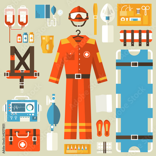 medical rescue uniform and set first aid help equipment and