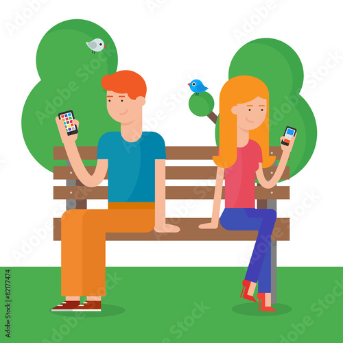 Modern vector illustration of a man and a woman using smartphone