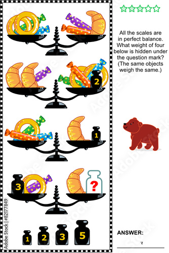 Visual math puzzle with scales, weights, baked goods and candies